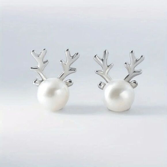 Reindeer Pearl Diamond White Gold Plated Stud Earrings - Picture 1 of 5